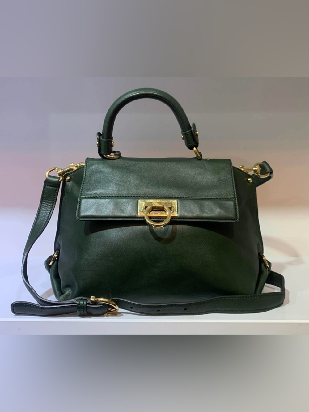 Salvatore Ferragamo Dark Green Leather Top-Handle Bag with Gold Hardware